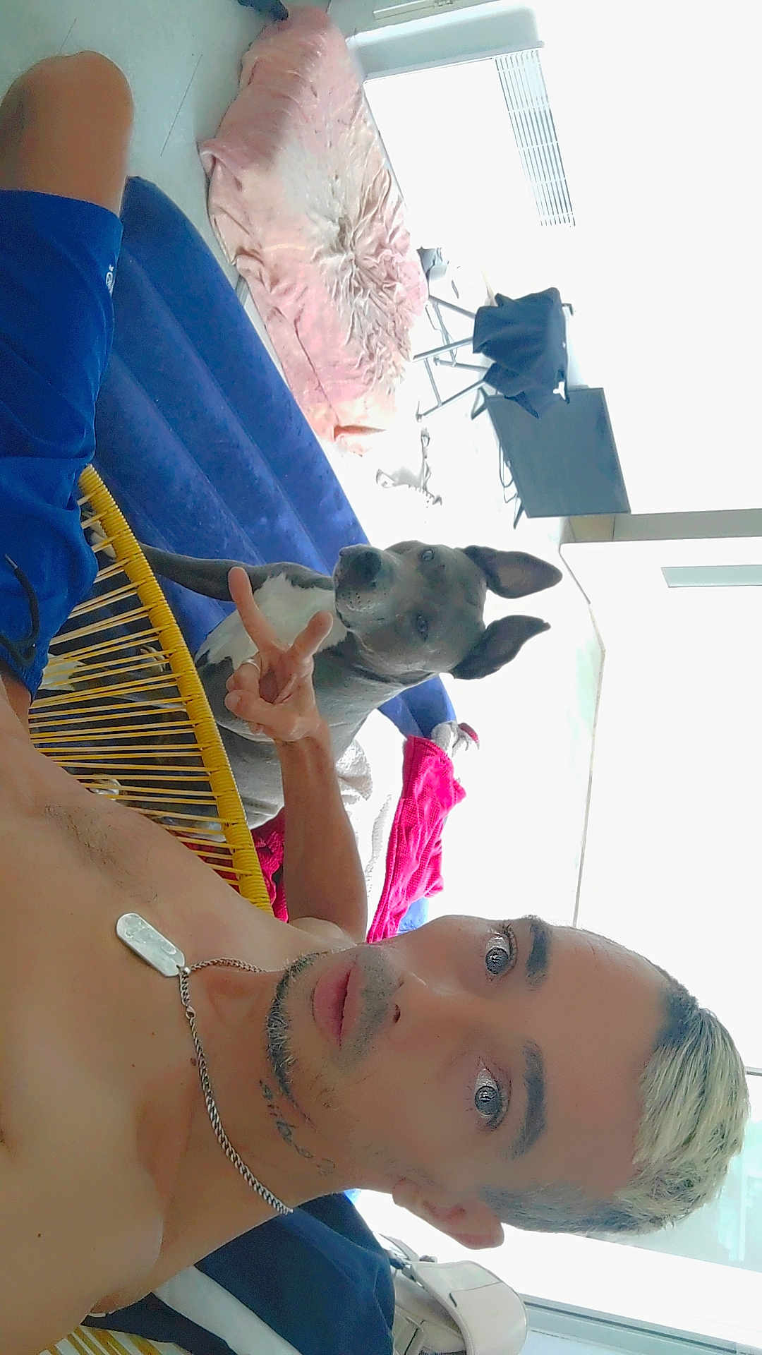 Nala a rejoint le concours — aidez-le/la à gagner de superbes lots ! man, dog, indoor, shirtless, blue_shorts, inflatable_mattress, peace_sign, pink_blanket, floor, chair, window, chain_necklace, earrings, light, furniture, pet, relaxing, casual, portrait, home