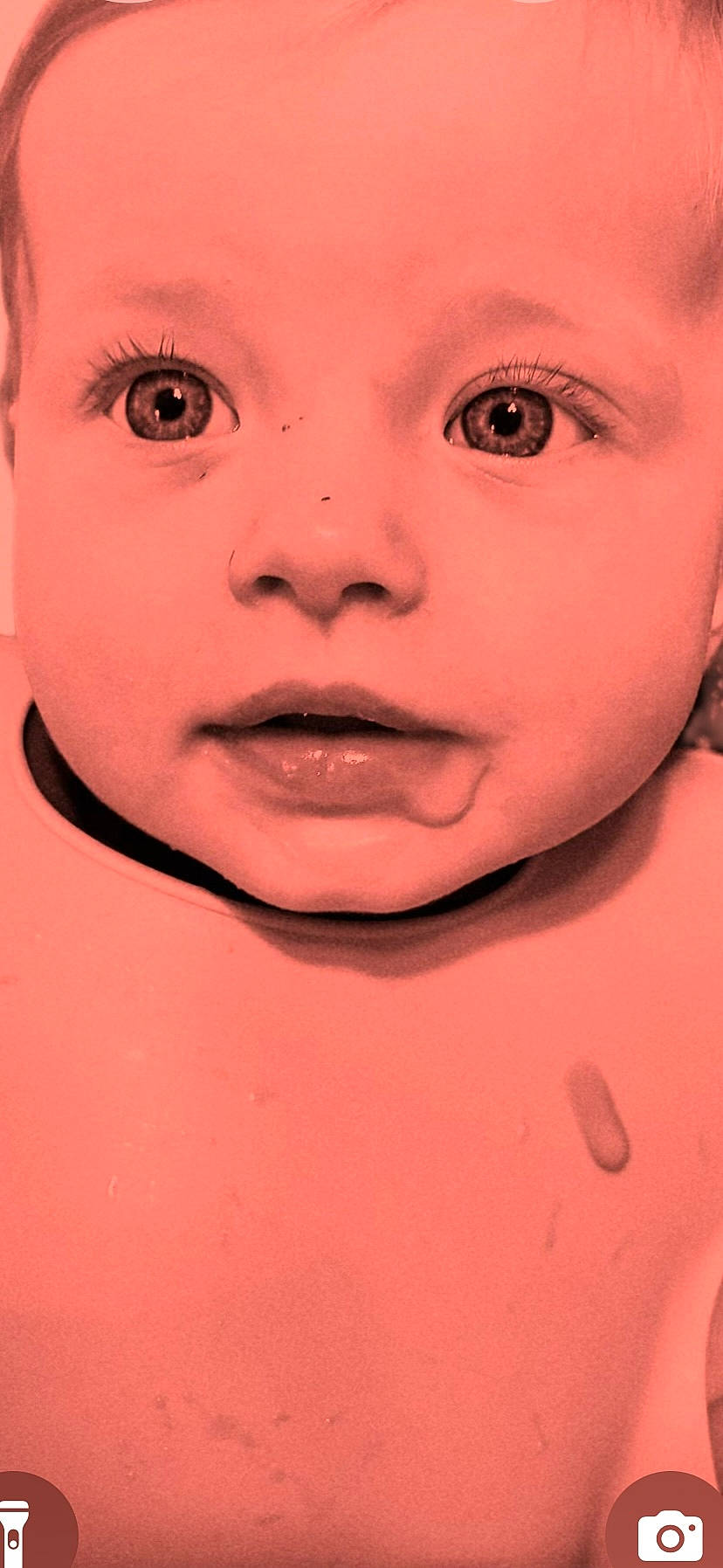 baby, bib, child, close_up, curious_eyes, cute, drool, expression, eyelashes, face, head, human, infant, looking, mouth, portrait, red_tint, skin, stain, young