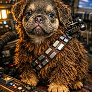 Chewbacca Aka Chewy joined the competition — help win amazing prizes! dog, puppy, puppy_face, fluffy, fur, brown_fur, costume, bandolier, chewbacca_style, spaceship, cockpit, control_panel, buttons, console, closeup, portrait, adorable, pet, paws, science_fiction