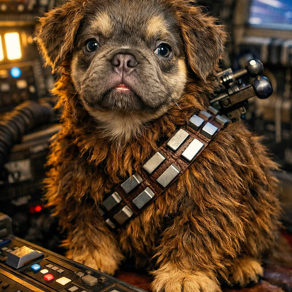 Chewbacca Aka Chewy joined the competition — help win amazing prizes! adorable, bandolier, brown_fur, buttons, chewbacca_style, closeup, cockpit, console, control_panel, costume, dog, fluffy, fur, paws, pet, portrait, puppy, puppy_face, science_fiction, spaceship
