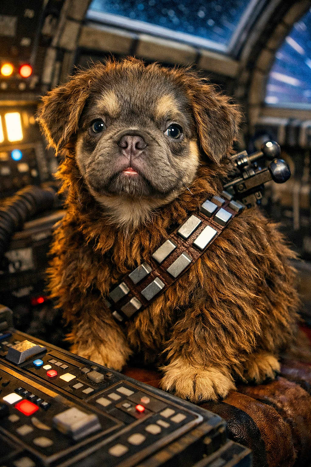Chewbacca Aka Chewy joined the competition — help win amazing prizes! dog, puppy, puppy_face, fluffy, fur, brown_fur, costume, bandolier, chewbacca_style, spaceship, cockpit, control_panel, buttons, console, closeup, portrait, adorable, pet, paws, science_fiction