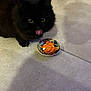 cat, black_cat, tongue_out, licking, bowl, orange_food, tiled_floor, pet_bed, rattan_chair, indoor, close_up, yellow_eyes, fluffy_fur, plate, home, food, paw_print_pattern, shadow, low_light, cute