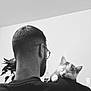 Arya a rejoint le concours — aidez-le/la à gagner de superbes lots ! man, back_view, glasses, kitten, sleeping_cat, shoulder, black_sweater, indoor, plant, bottle, monochrome, calm, companion, pet, animal, short_hair, beard, casual_clothing, relaxation, gentle