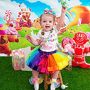 Ariella is registered to the contest to win money with this photo: child, toddler, rainbow_tutu, colorful_clothing, lollipop, smiling, happy, indoor, grass_carpet, candyland_theme, background, gingerbread_man, cupcake, toy, festive, party, cute, socks, ribbon, wooden_stool