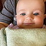 baby, infant, blanket, smile, face, child, person, closeup, soft, cute, eyes, drool, comfort, warm, toddler, clothing, portrait, skin, head, resting