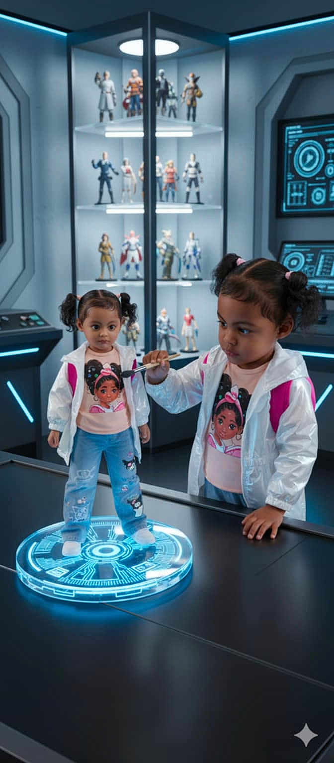 Eleonore participe au concours pour gagner de l'argent avec cette photo : child, girl, reflection, hologram, sci_fi, futuristic, toy_figures, display_case, technology, digital, interactive, curious, indoor, portrait, casual_clothing, jeans, jacket, pigtails, table, glowing