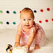 Amelia is registered to the contest to win money with this photo: baby, child, cake, pink_dress, smiling, crawling, sprinkles, toy_penguin, messy, celebration, colorful, happy, indoor, white_floor, pom_poms, cute, portrait, food, birthday, playful