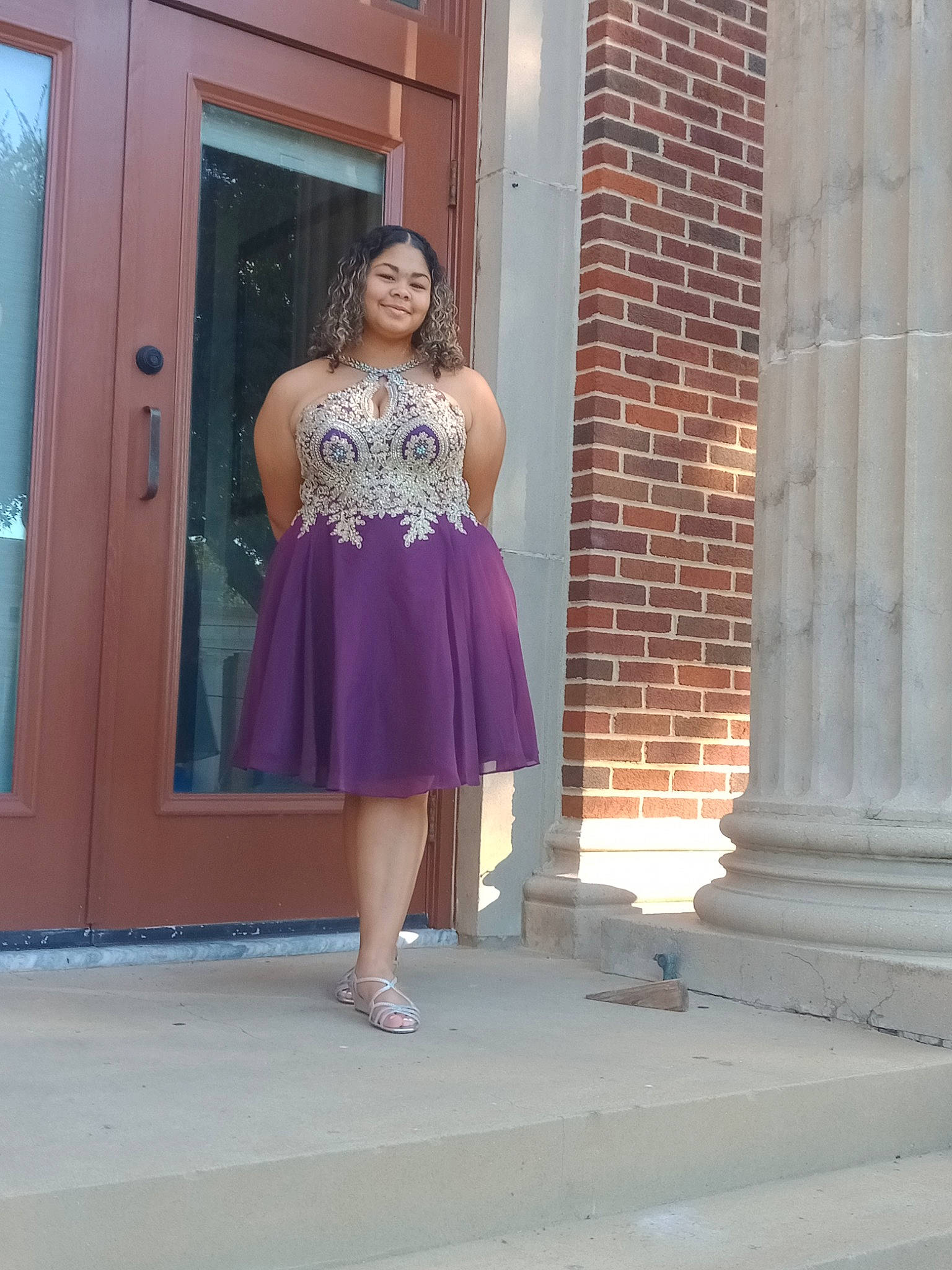 Amya joined the competition — help win amazing prizes! bridal_party_dress, day_dress, dress, electric_blue, fashion_design, formal_wear, gown, joint, joy, leg, magenta, one_piece_garment, person, pink, shoulder, smile, standing, strapless_dress, textile, thigh