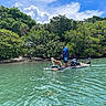dog, man, paddleboard, water, trees, mangroves, sky, clouds, outdoor, nature, sunny, greenery, calm_water, recreation, summer, leisure, pet, adult, standing, blue_sky