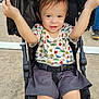 Leo joined the competition — help win amazing prizes! toddler, child, stroller, smiling, arms_raised, colorful_shirt, insect_pattern, shorts, outdoor, daylight, happy, person, baby, seat_belt, footwear, pavement, playful, cute, young_child, casual_clothing