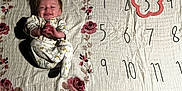 Ruby joined the competition — help win amazing prizes! baby, infant, smiling, milestone_blanket, floral_pattern, numbers, months, clapping, happy, lying_down, white_clothing, pink_flowers, cute, young_child, portrait, indoor, celebration, head, hands, face