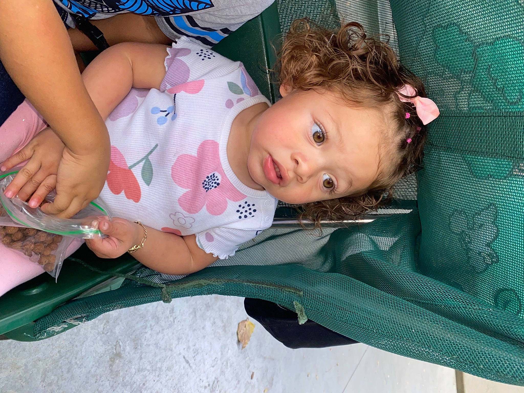 Averie joined the competition — help win amazing prizes! baby, baby_toddler_clothing, blue, cheek, child, comfort, fun, grass, happy, human_leg, lap, linens, mouth, nail, pattern, person, sitting, skin, thigh, toddler