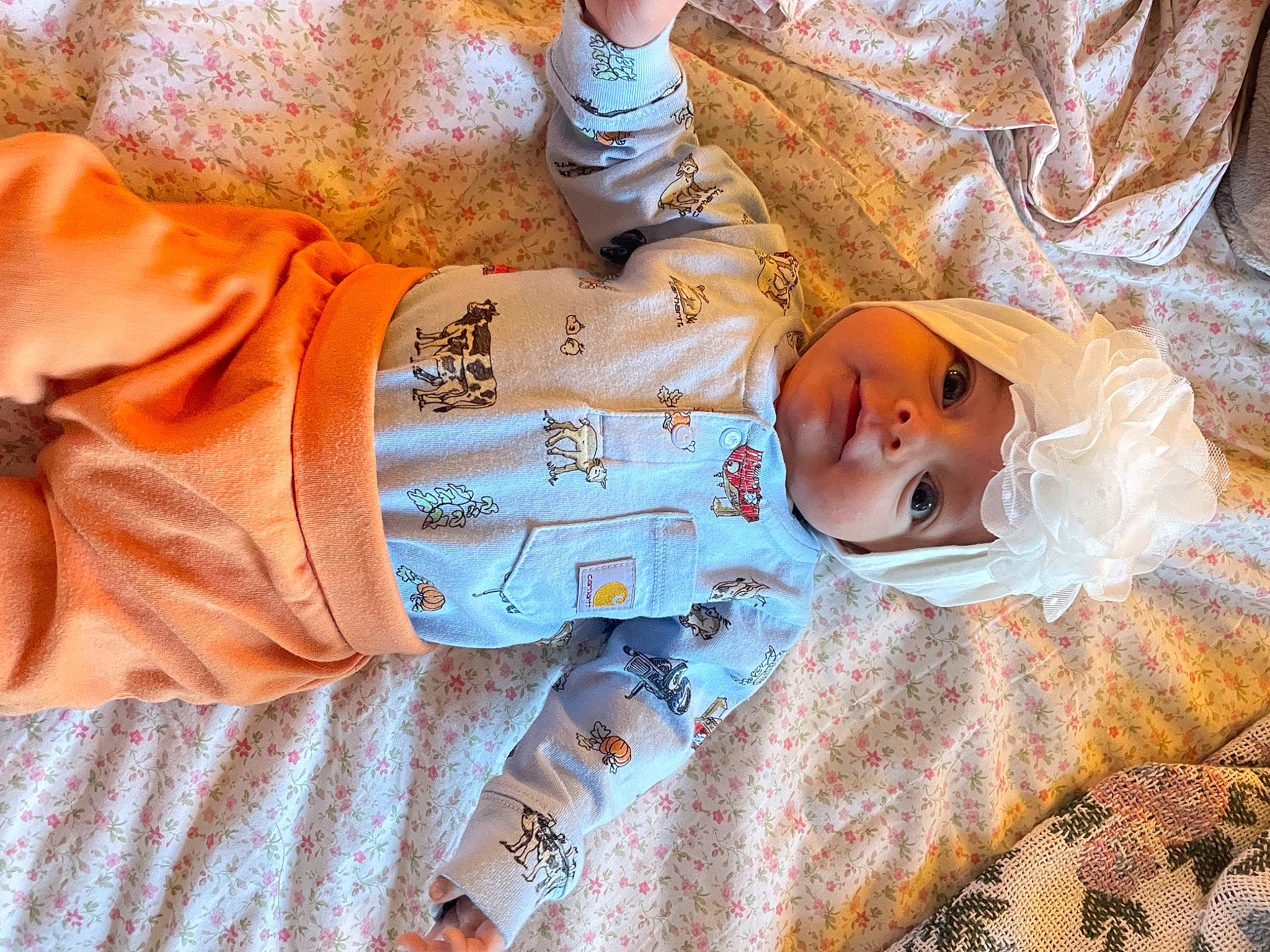 Winona is registered to the contest to win money with this photo: baby, baby_toddler_clothing, child, denim, doll, eye, fur, hand, headwear, human_body, linens, orange, peach, person, sitting, skin, sleeve, textile, toddler, toy