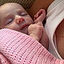 Gracie is registered to the contest to win money with this photo: baby, sleeping, blanket, pink, knitted, infant, child, person, arm, hand, skin, clothing, white, texture, closeup, cozy, rest, peaceful, nap, indoor