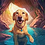 dog, golden_retriever, water, cave, rock, collar, tag, animal, pet, nature, smiling, outdoor, blue_water, sunlight, happy, mammal, portrait, paw, reflection, scenic