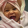 Alani-Rae joined the competition — help win amazing prizes! baby, smiling, pink_clothing, headwrap, bow, knitwear, happy, infant, cute, portrait, face, child, cozy, warm, buttoned_jacket, indoors, closeup, cute_expression, adorable, person