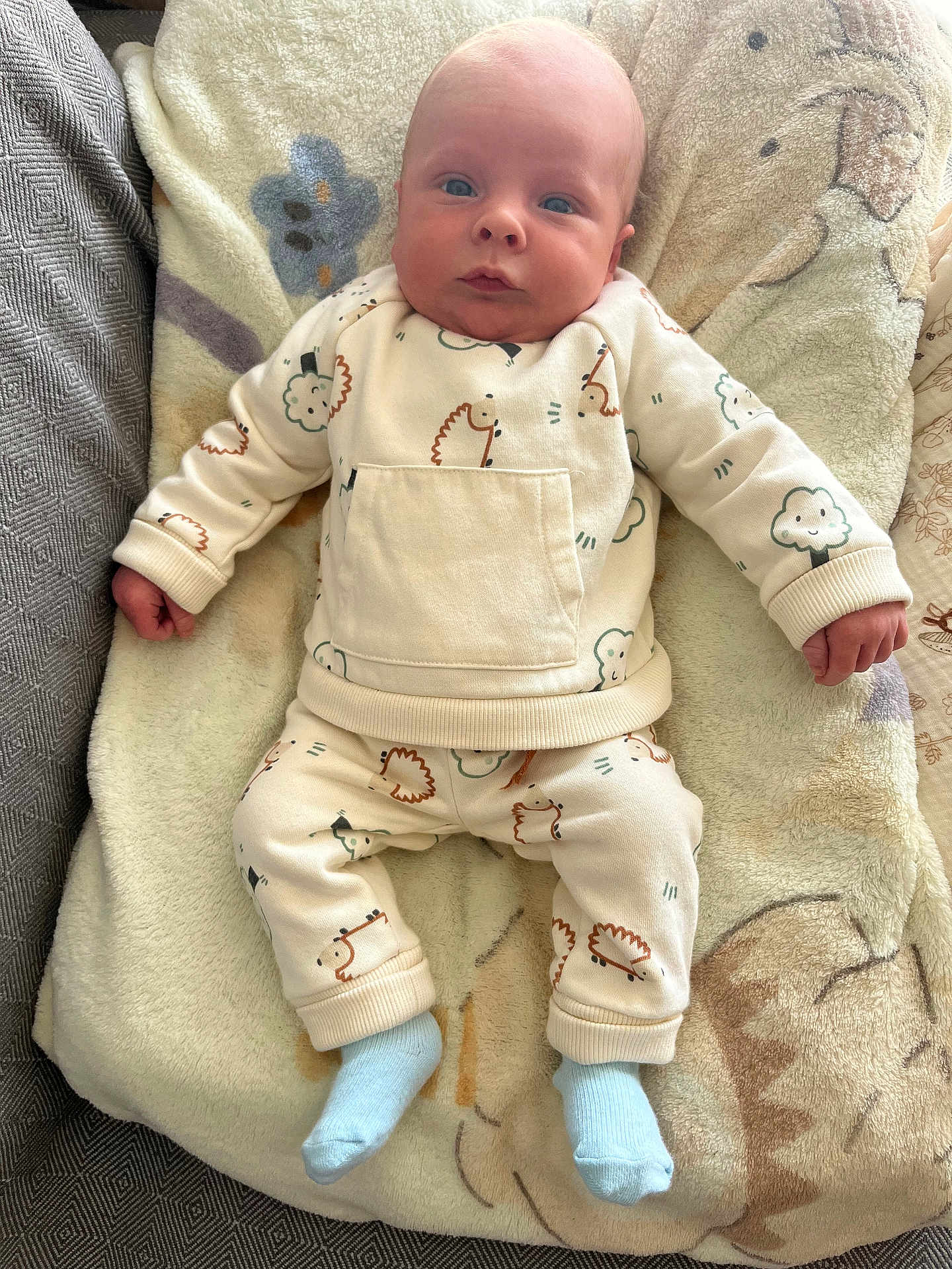 Louys a rejoint le concours — aidez-le/la à gagner de superbes lots ! baby, infant, blanket, soft_texture, clothing, onesie, socks, patterned, hedgehog_print, tree_print, lying_down, cute, child, portrait, indoor, cozy, comfortable, small_hands, wide_eyes, warm_colors