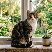 Katy joined the competition — help win amazing prizes! animal, books, cat, cozy, daylight, domestic, flowers, garden, greenery, home_decor, indoor, nature, pet, plants, still_life, succulent, tabby_cat, window, windowsill, wood