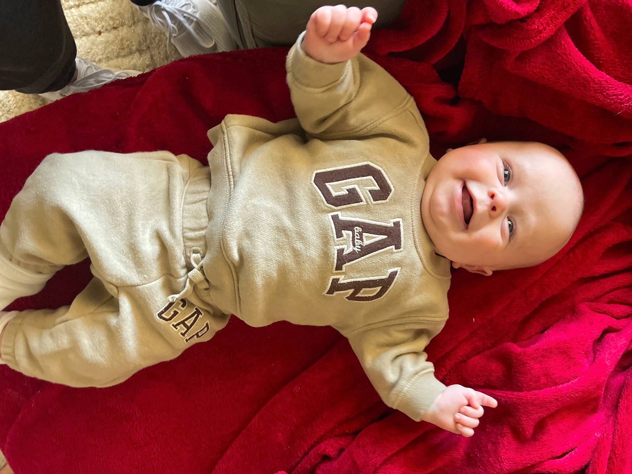 Cade joined the competition — help win amazing prizes! baby, baby_toddler_clothing, carmine, child, comfort, cool, elbow, flooring, font, fun, happy, linens, person, red, room, sitting, sleeve, smile, sportswear, t_shirt