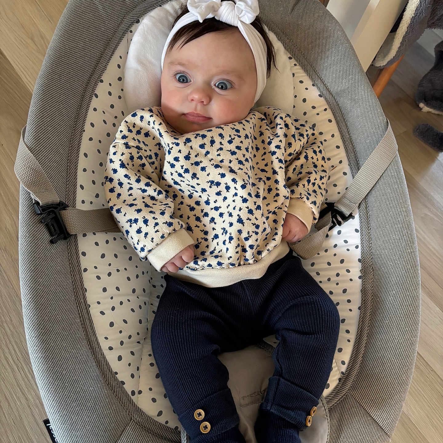 Ambre participe au concours pour gagner de l'argent avec cette photo : animal, baby, bed, bonnet, canine, clothing, couch, crib, dog, face, furniture, hat, head, hosiery, infantbed, jeans, pants, person, pet, sock