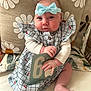Margot Lynda Stirk joined the competition — help win amazing prizes! baby, infant, headband, bow, dress, cherry_pattern, card, 6_weeks, pillow, flower_pattern, couch, blanket, hand, foot, face, cheeks, sitting, cute, indoors, child
