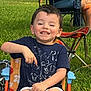 Liam joined the competition — help win amazing prizes! child, boy, smiling, outdoor, grass, chair, blue_shirt, shorts, people, legs, lawn_chair, happy, teeth, pointing, summer, casual, event, daytime, fun, relaxed