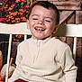 child, boy, smile, sweater, chair, pumpkins, flowers, autumn, portrait, happy, indoor, rustic, cozy, young, casual_clothing, seated, background, wood, warm_colors, cute
