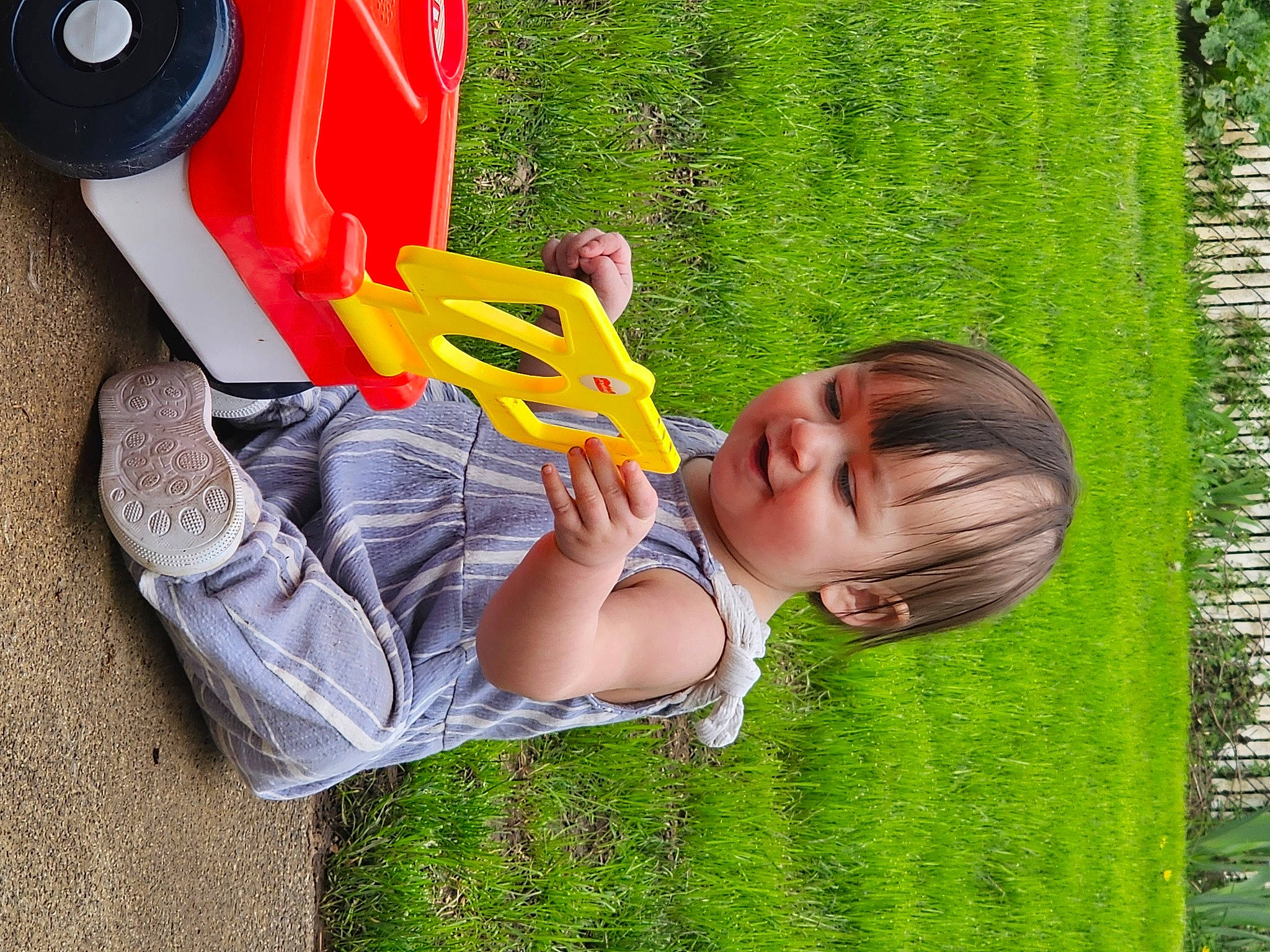Reina is registered to the contest to win money with this photo: baby_toddler_clothing, carmine, child, fun, grass, happy, human_leg, jeans, leg, leisure, people_in_nature, person, plant, play, recreation, smile, sneakers, toddler, tree, walking_shoe