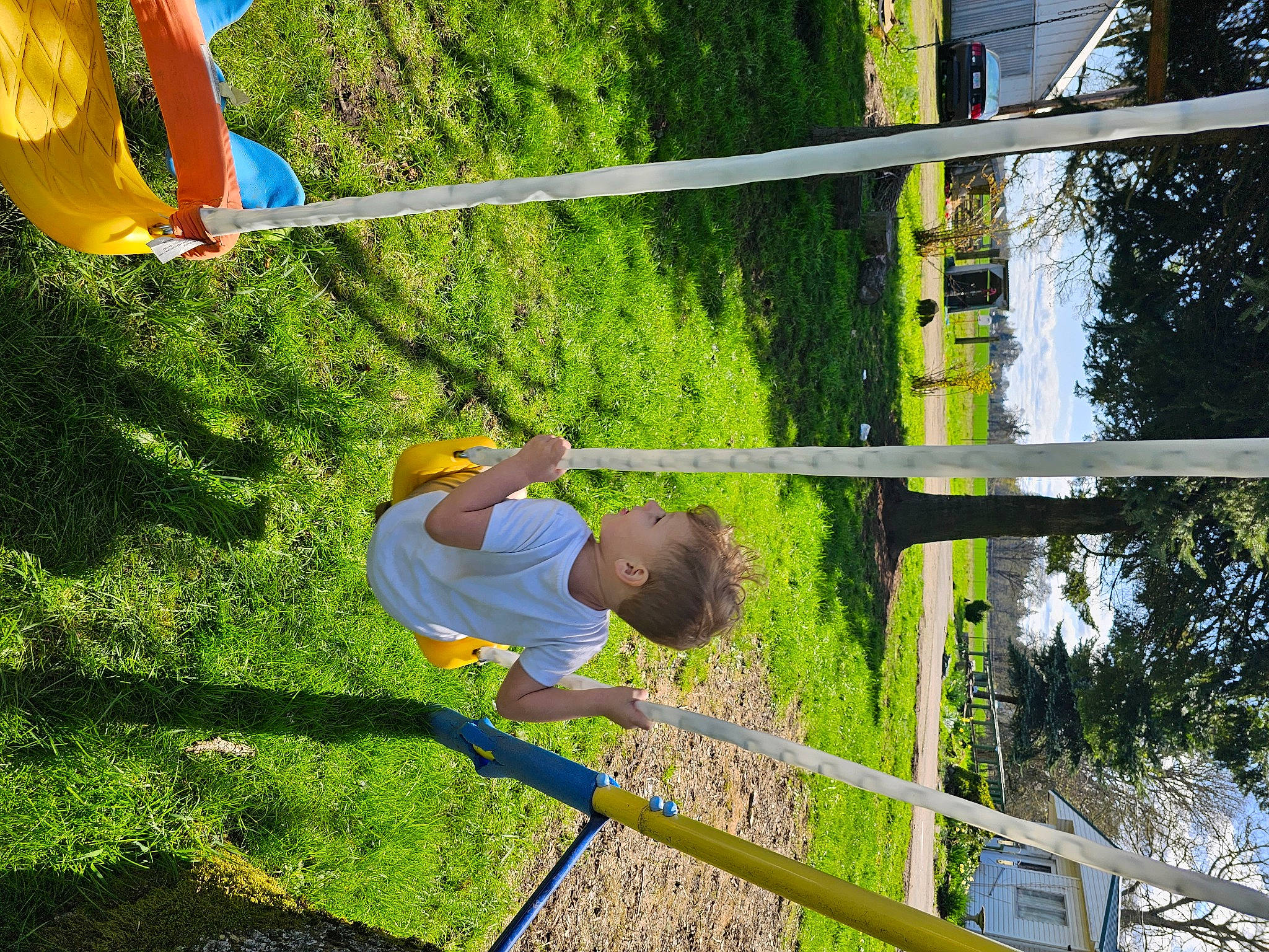Ruben is registered to the contest to win money with this photo: balance, child, fun, grass, green, landscape, leisure, line, outdoor_play_equipment, people_in_nature, person, plant, play, playground, pole, recreation, rope, t_shirt, toddler, tree