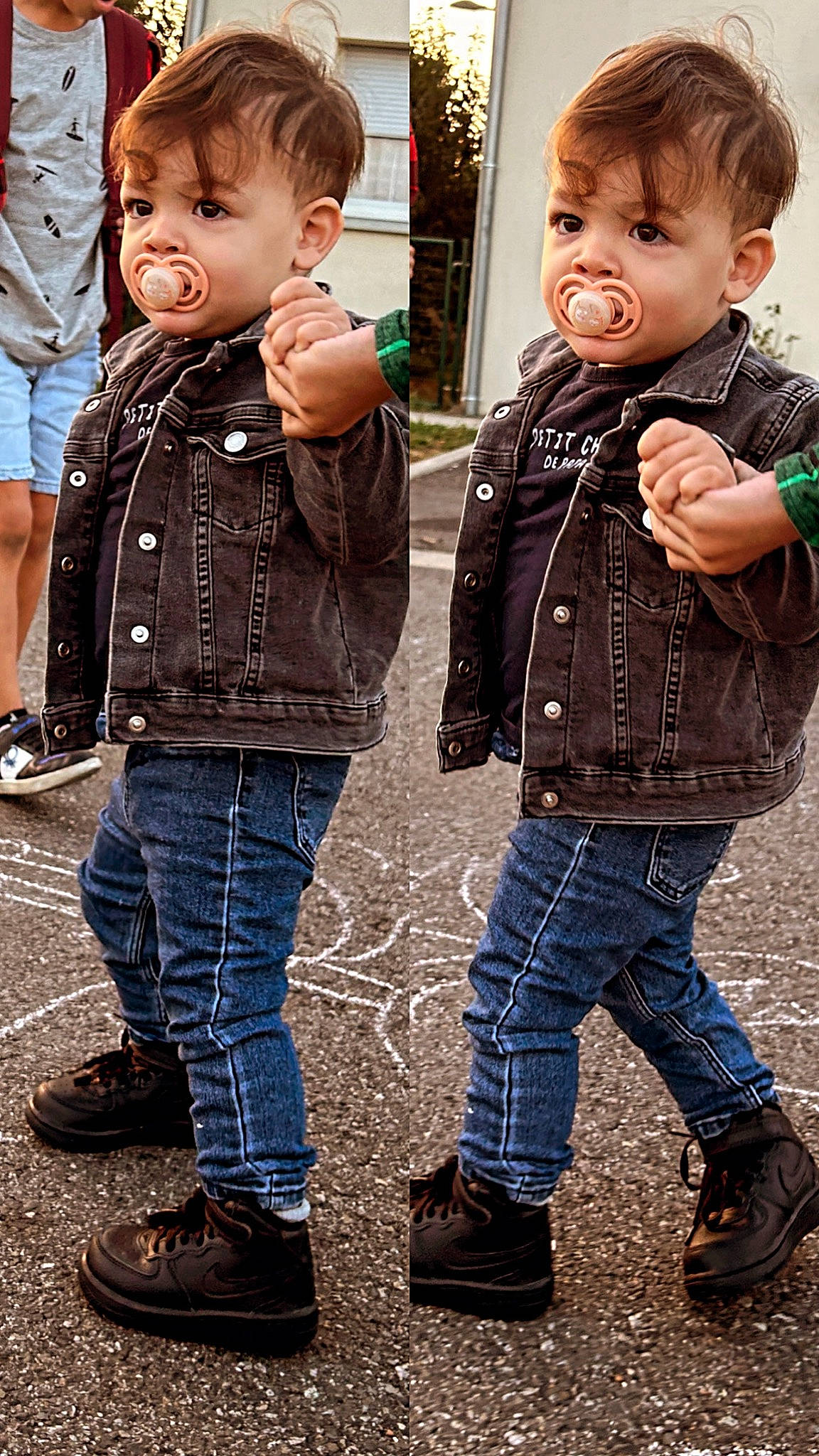 Milan a rejoint le concours — aidez-le/la à gagner de superbes lots ! baby, baby_toddler_clothing, brown, cheek, clothing, denim, face, facial_expression, footwear, gesture, happy, head, jeans, nose, outerwear, person, shoe, skin, sleeve, toddler