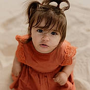 Solena participe au concours pour gagner de l'argent avec cette photo : toddler, child, portrait, face, hair, pigtails, dress, orange, sitting, sand, outdoor, curious, innocent, baby, young_child, cute, closeup, expression, skin, person