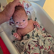 Silver is registered to the contest to win money with this photo: newborn, baby, hospital, blanket, footprints, bassinet, oxygen_tube, nasal_cannula, hand, adult_hand, medical, infant, patient, care, healthcare, wrapped, lying_down, tiny, premature, support