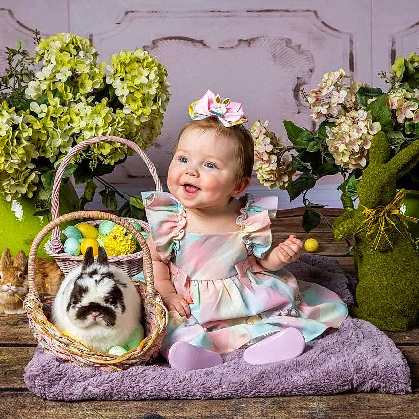 Evie joined the competition — help win amazing prizes! baby, baby_toddler_clothing, basket, carnivore, companion_dog, dog, dog_breed, event, fashion_accessory, fawn, floral_design, flower, flower_arranging, grass, happy, person, pink, plant, smile, toddler