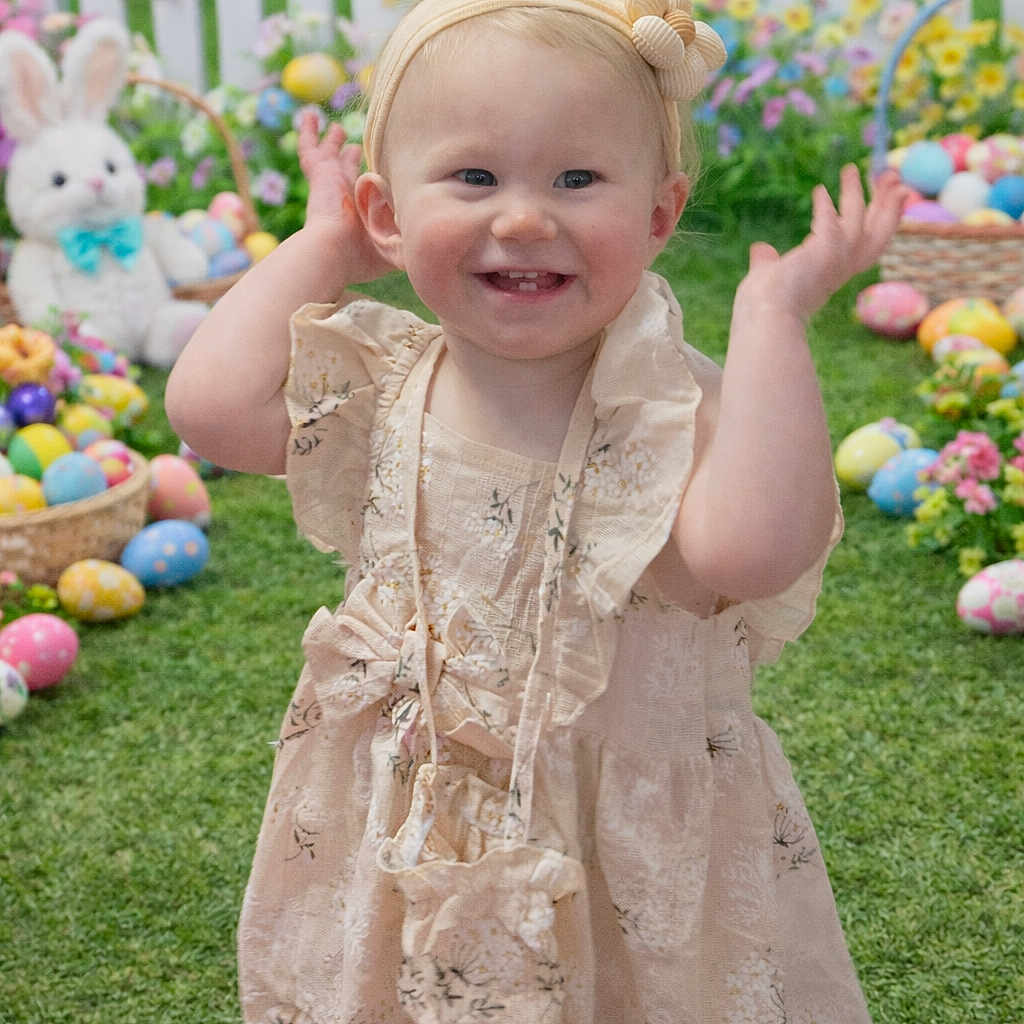 Charlotte is registered to the contest to win money with this photo: basket, celebration, child, cute, dress, easter, eggs, festive, flowers, grass, happy, headband, holiday, outdoor, plush_bunny, portrait, smiling, spring, toddler, young_child