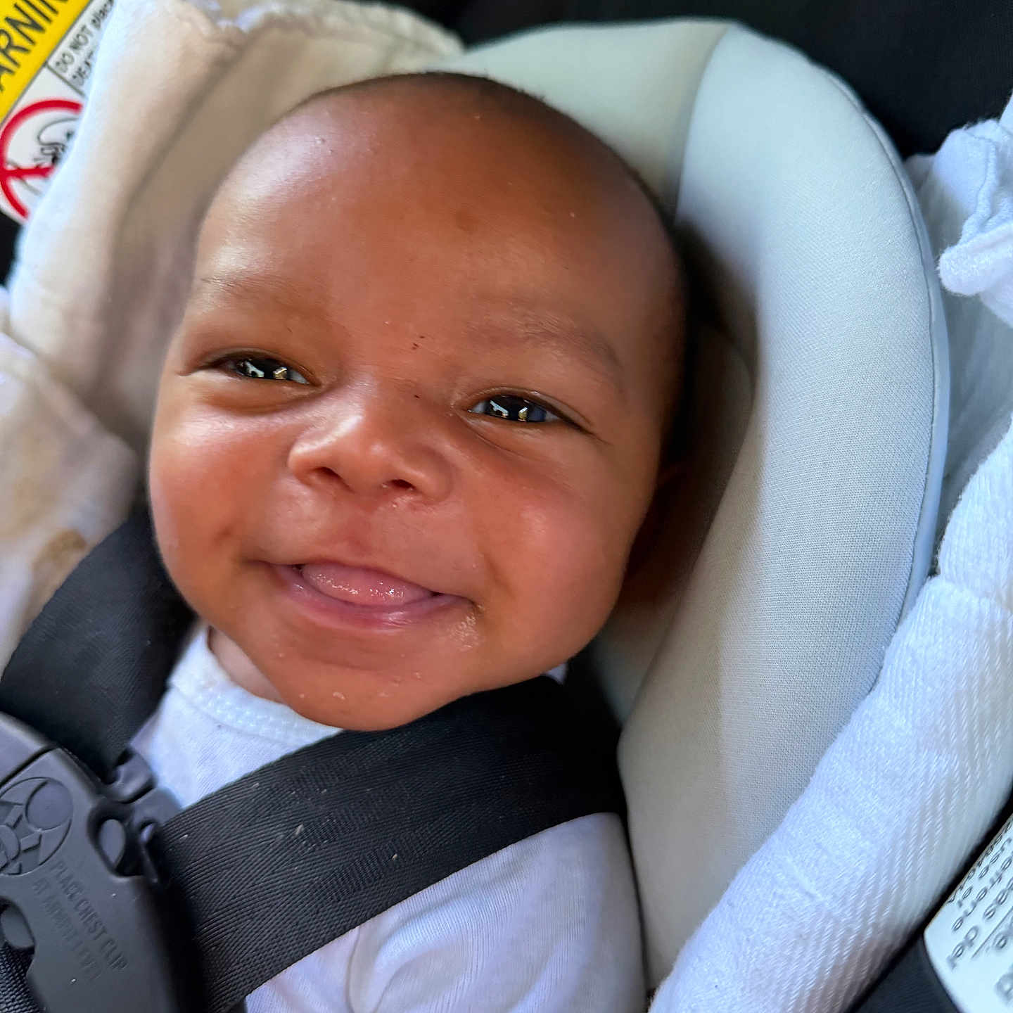 Giuseppe is registered to the contest to win money with this photo: baby, black_straps, car_seat, child, closeup, cute, expression, face, happy, head_support, indoors, infant, person, portrait, seatbelt, skin, smiling, straps, white_clothing, young_child