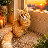 Minouchette a rejoint le concours — aidez-le/la à gagner de superbes lots ! candle, cat, cozy, domestic_animal, fluffy, fur, furry_mat, golden_light, home, indoor, orange_cat, pet, plant, relaxed, sunlight, sunset, tail, whiskers, window, wood_floor