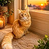 candle, cat, cozy, domestic_animal, fluffy, fur, furry_mat, golden_light, home, indoor, orange_cat, pet, plant, relaxed, sunlight, sunset, tail, whiskers, window, wood_floor