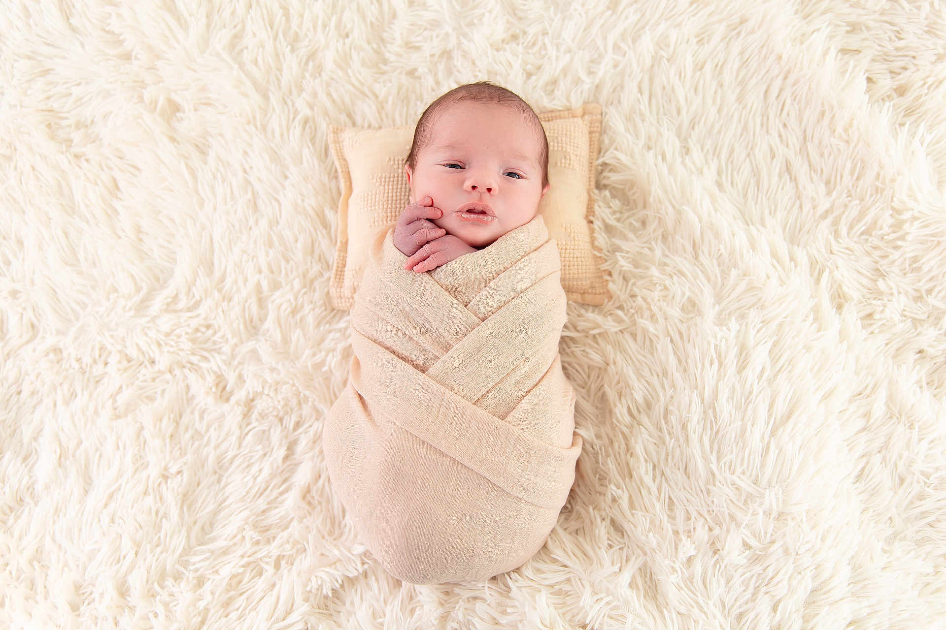 Jules participe au concours pour gagner de l'argent avec cette photo : newborn, baby, swaddled, infant, blanket, pillow, soft, fluffy, white, beige, cute, portrait, resting, sleepy, cozy, face, small, child, lying_down, indoors