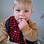 Cash is registered to the contest to win money with this photo: toddler, child, snack, eating, blue_eyes, blond_hair, jacket, checkered_shirt, tray_table, food, indoor, curious, messy, cute, person, face, hand, clothing, table, plate