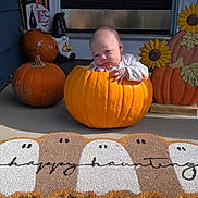 Oliver joined the competition — help win amazing prizes! baby, pumpkin, halloween, door, porch, decoration, gnome, sunflower, doormat, ghost, fall, festive, child, cute, outdoor, holiday, orange, costume, seasonal, smiling