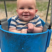 Matthew is registered to the contest to win money with this photo: baby, child, swing, playground, blue_swing, striped_shirt, smile, happy, cute, outdoor, infant, face, hands, metal_chains, seat, park, summer, fun, joy, young