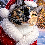 Sophie is registered to the contest to win money with this photo: animal, calico_cat, cat, christmas_hat, closeup, costume, festive, fur, holiday, lights, outdoor, pet, portrait, santa_suit, snow, snowfall, tree, whiskers, winter, yellow_eyes