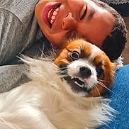 Milo participe au concours pour gagner de l'argent avec cette photo : boy, dog, smiling, happy, pet, fur, carpet, casual_clothing, closeup, indoor, playful, cute, companion, friendship, lying_down, portrait, expression, young, animal, human