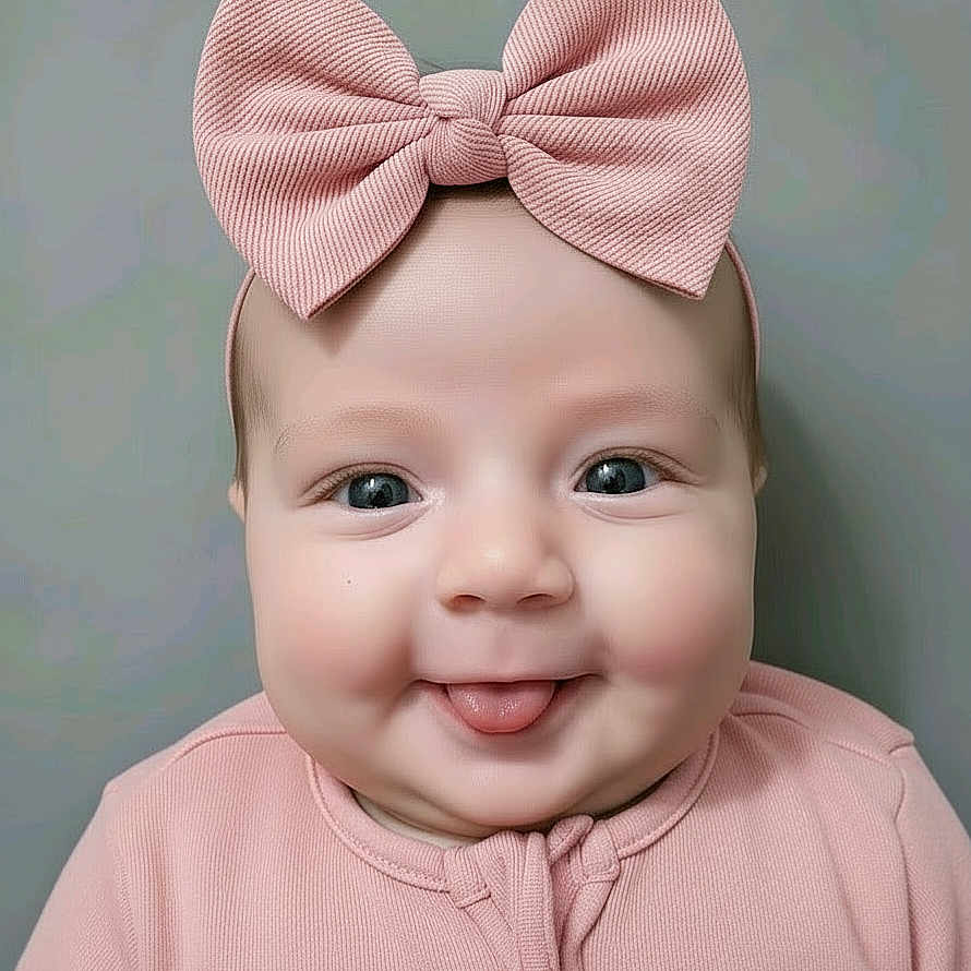 Reella is registered to the contest to win money with this photo: adorable, baby, background, cheeks, child, closeup, clothing, cute, expression, face, headband, human, indoors, infant, one_person, pink_bow, portrait, smiling, soft_light, tongue_out