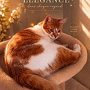 Bébé a rejoint le concours — aidez-le/la à gagner de superbes lots ! cat, orange_and_white_cat, cat_tower, indoor, warm_lighting, flowers, plush, relaxed, portrait, feline, pet, cozy, sunlight, decor, animal, mammal, fur, cute, resting, elegant