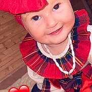 Lizea participe au concours pour gagner de l'argent avec cette photo : toddler, child, smile, red_bow, headband, plaid, necklace, white_shoes, sitting, indoor, wooden_wall, happy, cute, fashion, clothing, portrait, baby, accessory, red, heart_emoji