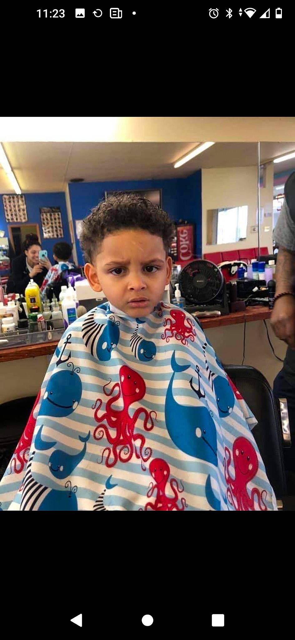 Derrick is registered to the contest to win money with this photo: baby, beauty_salon, chair, cheek, child, costume, event, eyewear, fashion_accessory, fashion_design, fun, hair_coloring, hairstyle, jewellery, pattern, person, room, t_shirt, toddler, tradition