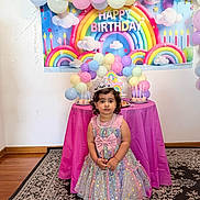 Pravya joined the competition — help win amazing prizes! child, birthday, party, balloons, rainbow, tiara, dress, pearls, table, cake, pink, pastel_colors, celebration, floor_rug, indoor, decorations, shoes, curly_hair, young_girl, festive
