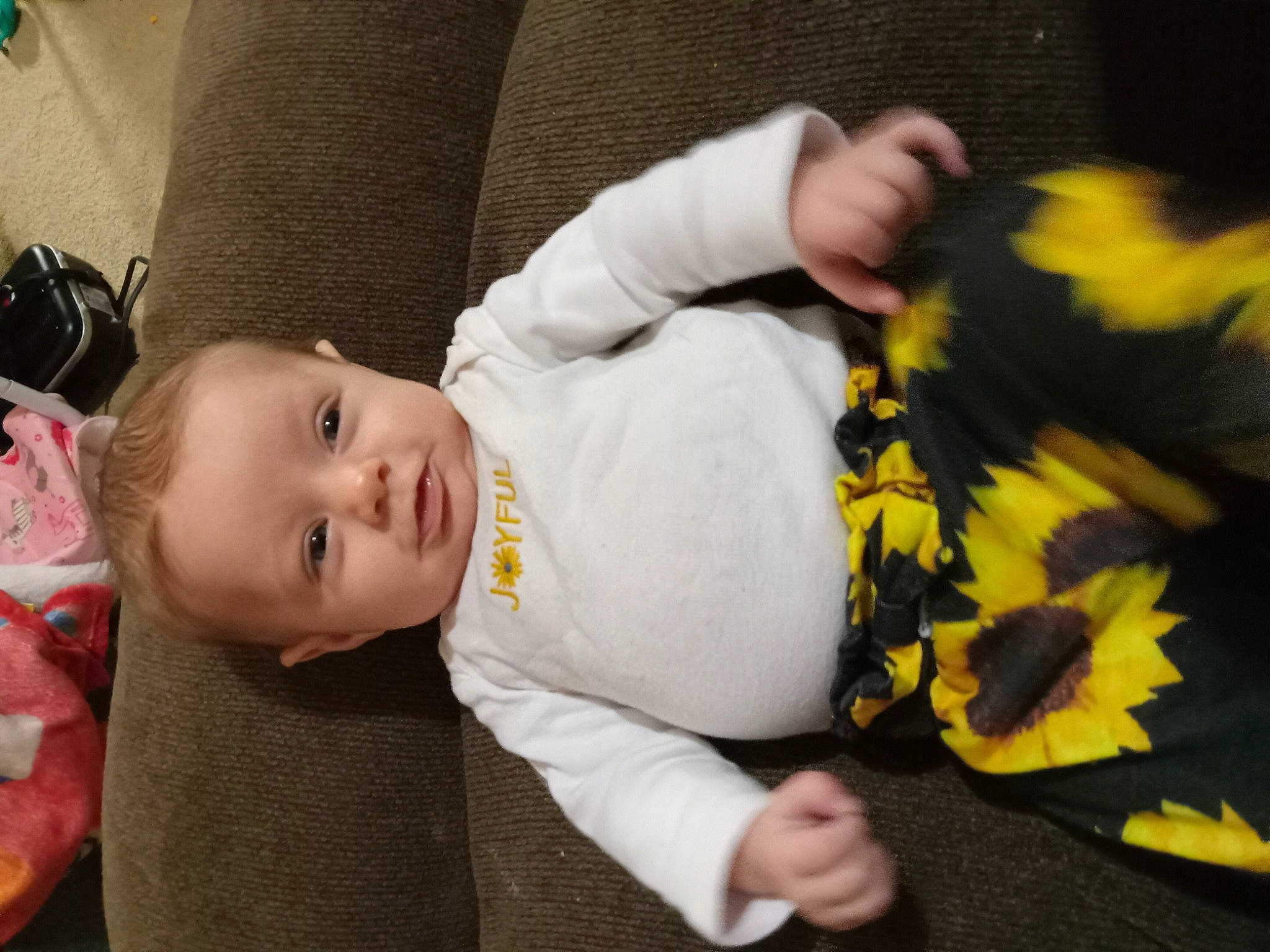 Delilah joined the competition — help win amazing prizes! baby, baby_products, baby_toddler_clothing, cheek, child, comfort, eye, grass, happy, pattern, person, plant, room, sitting, skin, sleeve, sunflower, toddler, tree, wing