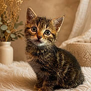 Bloom a rejoint le concours — aidez-le/la à gagner de superbes lots ! kitten, cat, tabby, fur, pet, animal, cute, portrait, indoor, vase, flowers, decor, soft, fluffy, young, curious, whiskers, eyes, sitting, cozy